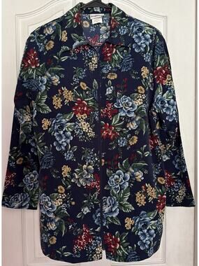 BonWorth Women's Size XS Navy Blue Floral Print Long Sleeve Full Zip Blouse